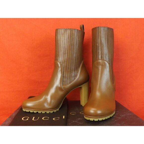 NIB GUCCI 323551 EDITH CUIR BROWN LUXOR LEATHER ELASTICIZED ANKLE BOOTS 39.5 - Picture 7 of 12